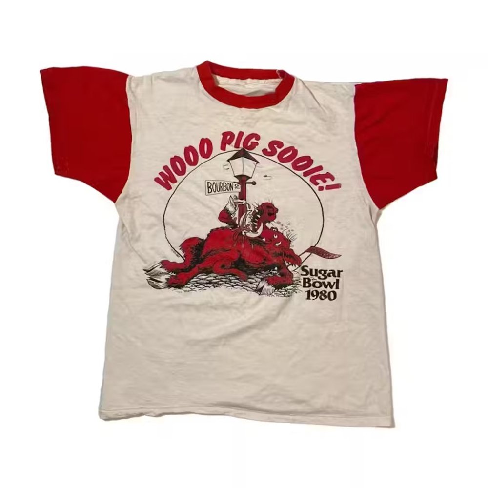 1980 Vintage Arkansas Razorbacks Woo Pig Sugar Bowl Graphic Tee Shirt Small
